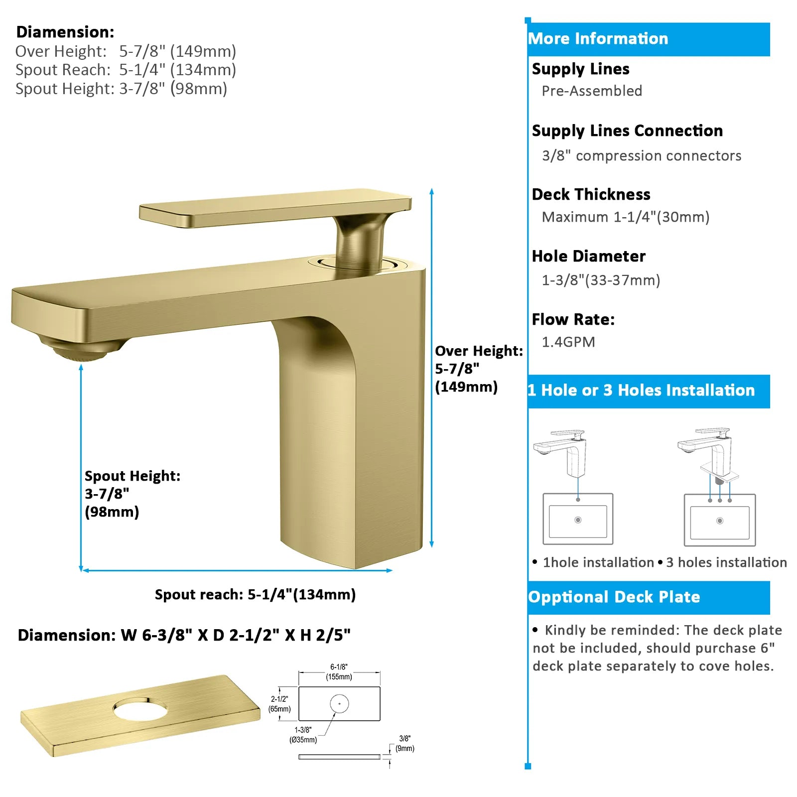Rihine Bathroom Vanity Basin Faucet – Solid Brass, 1.8 GPM, 35mm Ceramic Cartridge-AB000001
