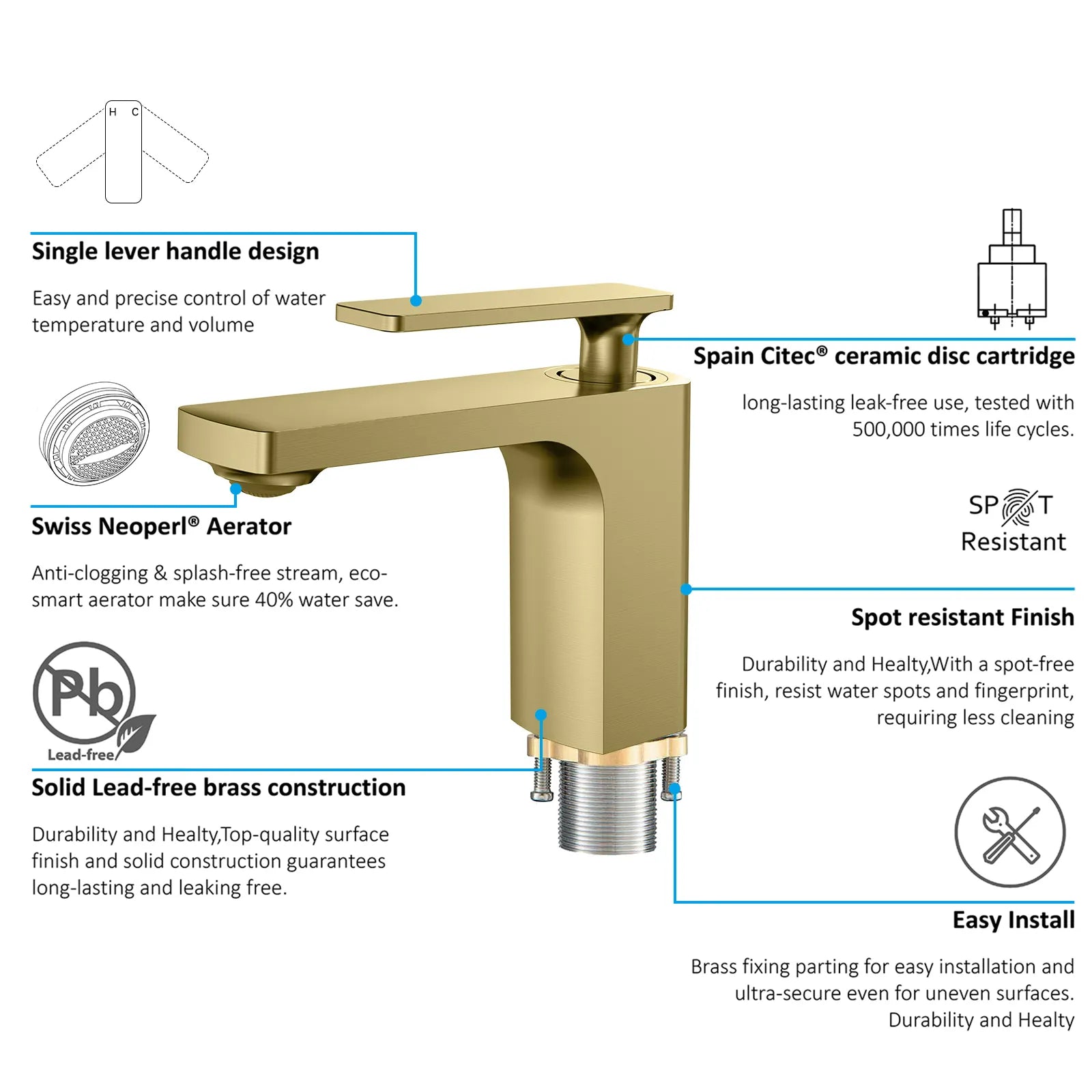 Rihine Bathroom Vanity Basin Faucet – Solid Brass, 1.8 GPM, 35mm Ceramic Cartridge-AB000001