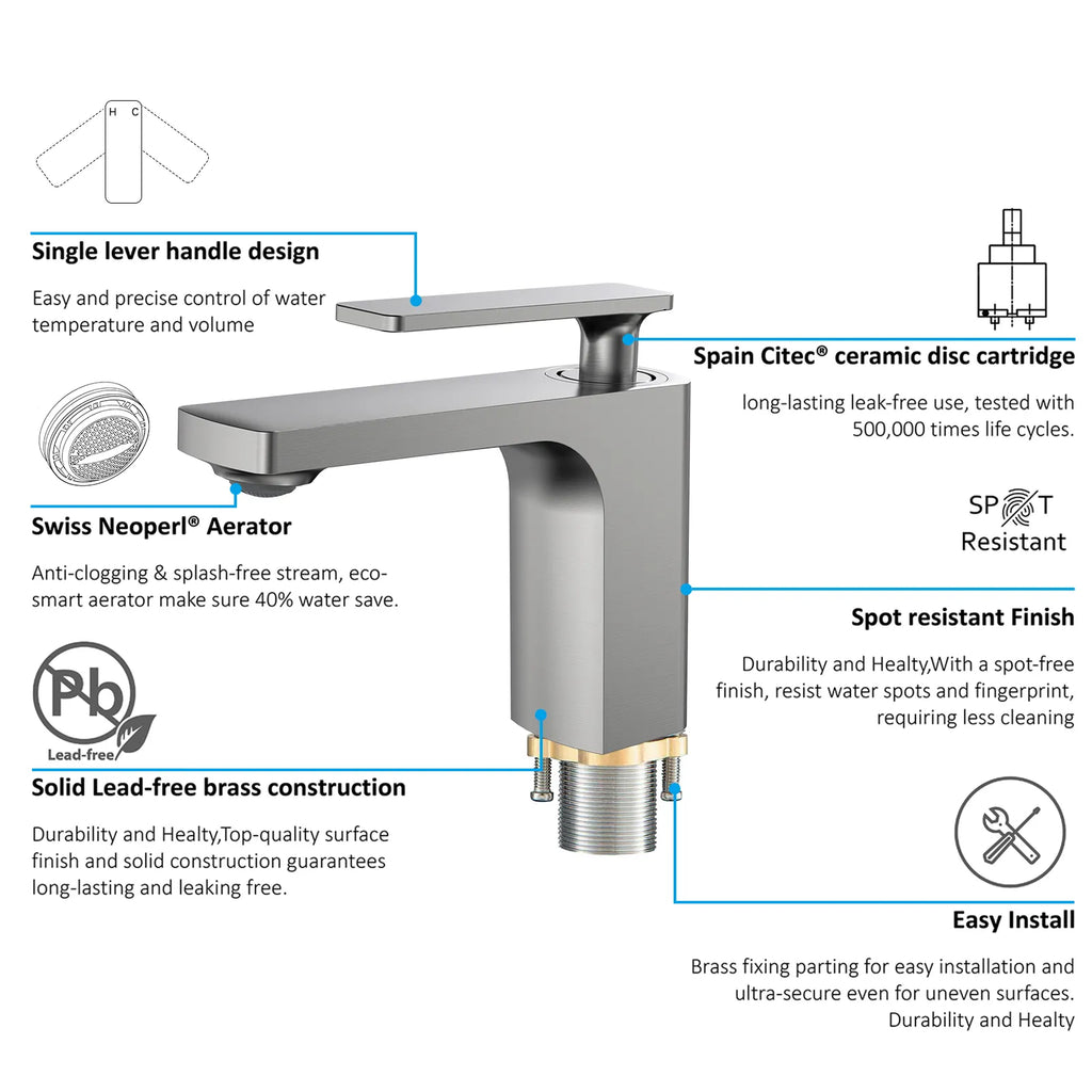 Rihine Bathroom Vanity Basin Faucet – Solid Brass, 1.8 GPM, 35mm Ceramic Cartridge-AB000001