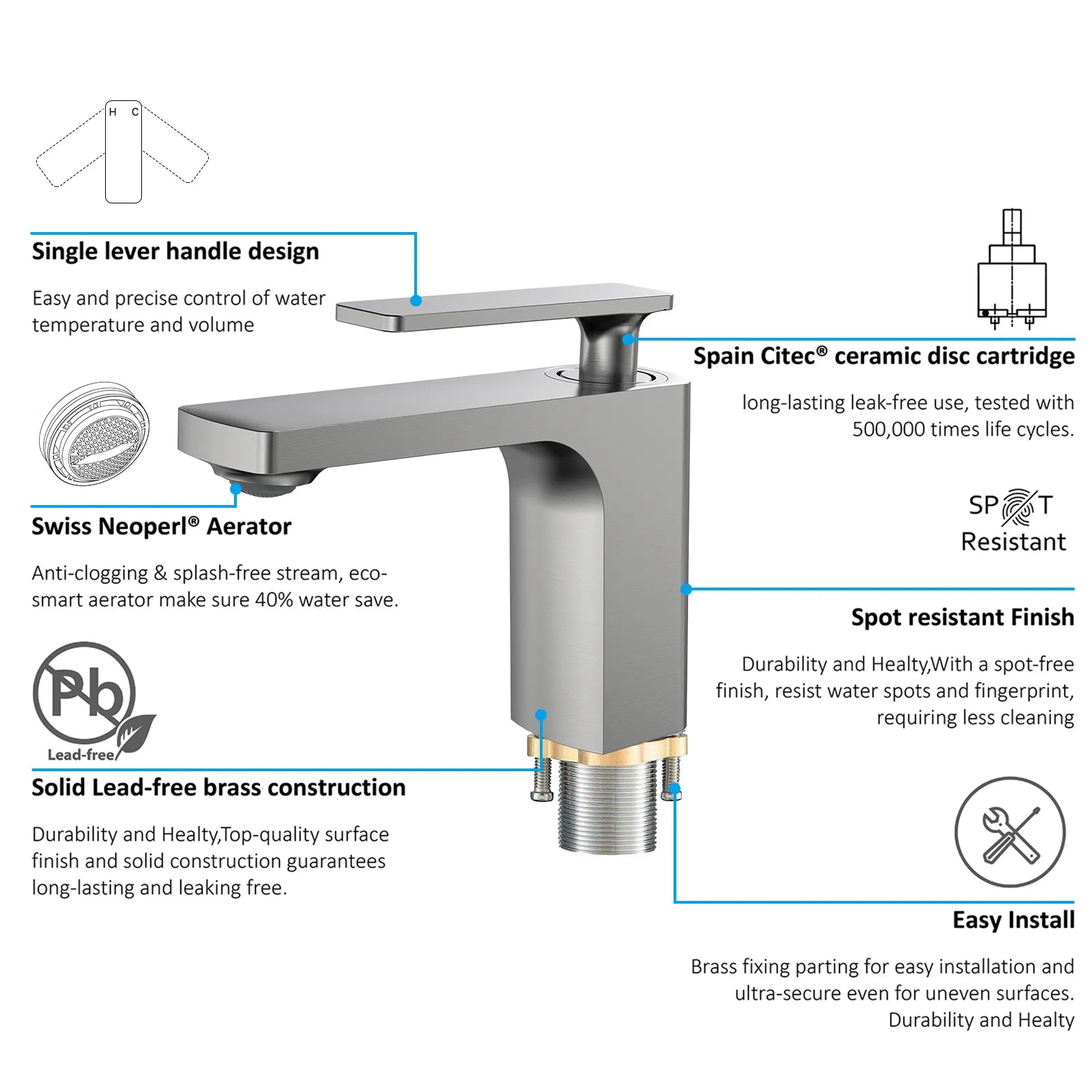 Rihine Bathroom Vanity Basin Faucet – Solid Brass, 1.8 GPM, 35mm Ceramic Cartridge-AB000001