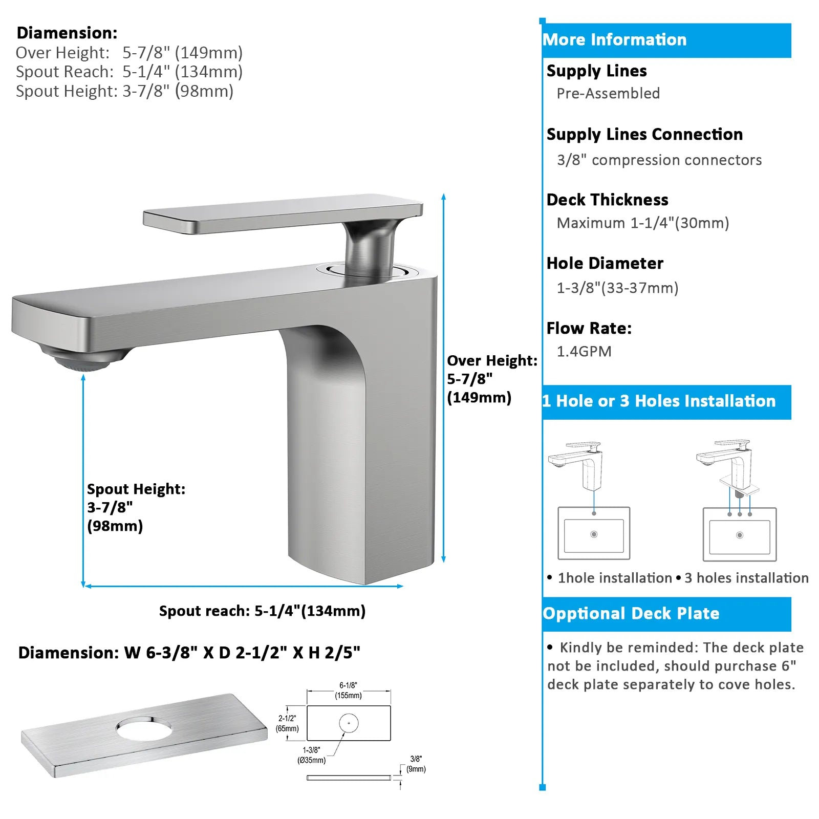 Rihine Bathroom Vanity Basin Faucet – Solid Brass, 1.8 GPM, 35mm Ceramic Cartridge-AB000001