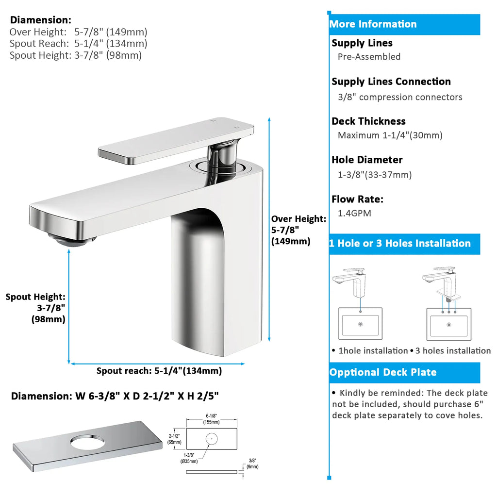 Rihine Bathroom Vanity Basin Faucet – Solid Brass, 1.8 GPM, 35mm Ceramic Cartridge-AB000001