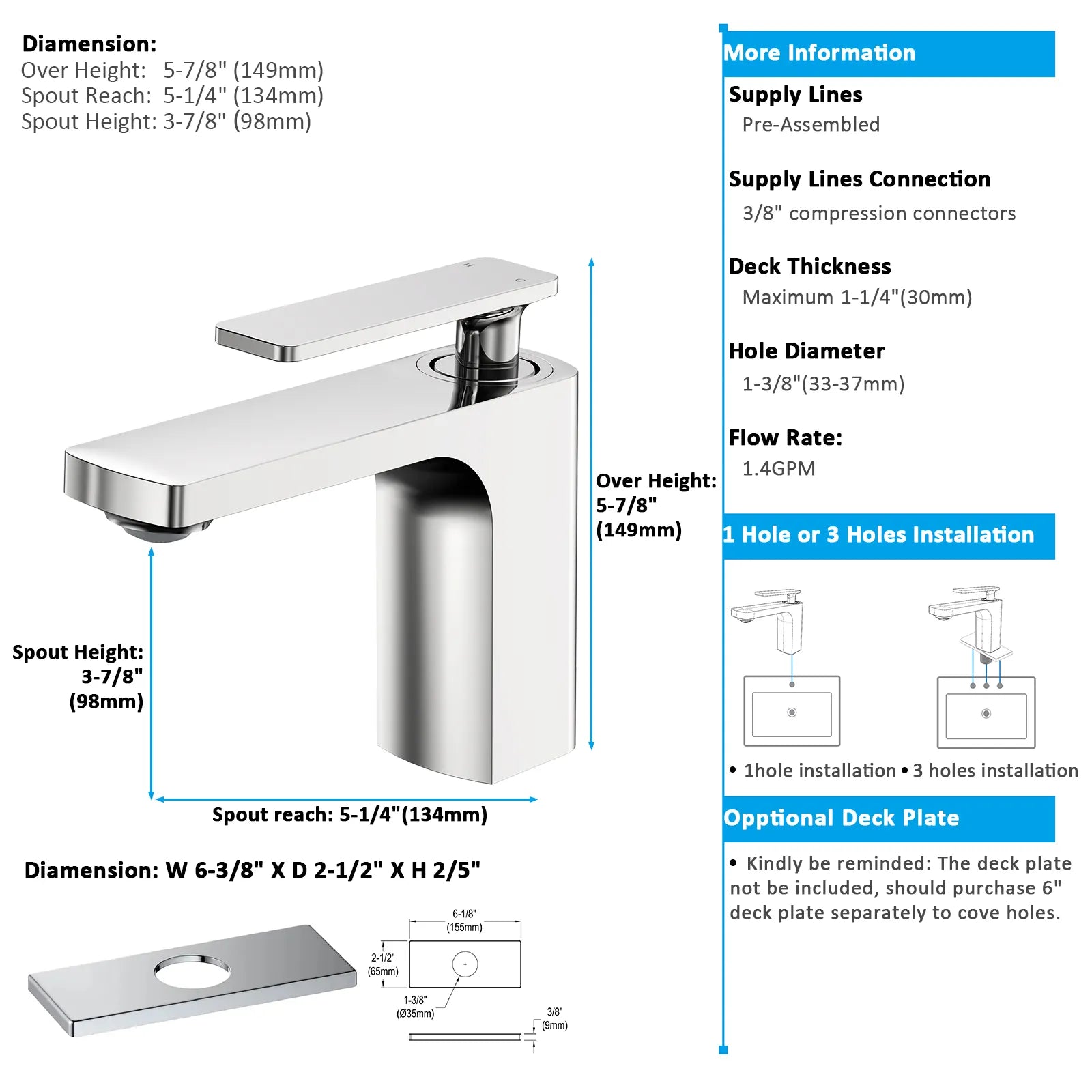 Rihine Bathroom Vanity Basin Faucet – Solid Brass, 1.8 GPM, 35mm Ceramic Cartridge-AB000001