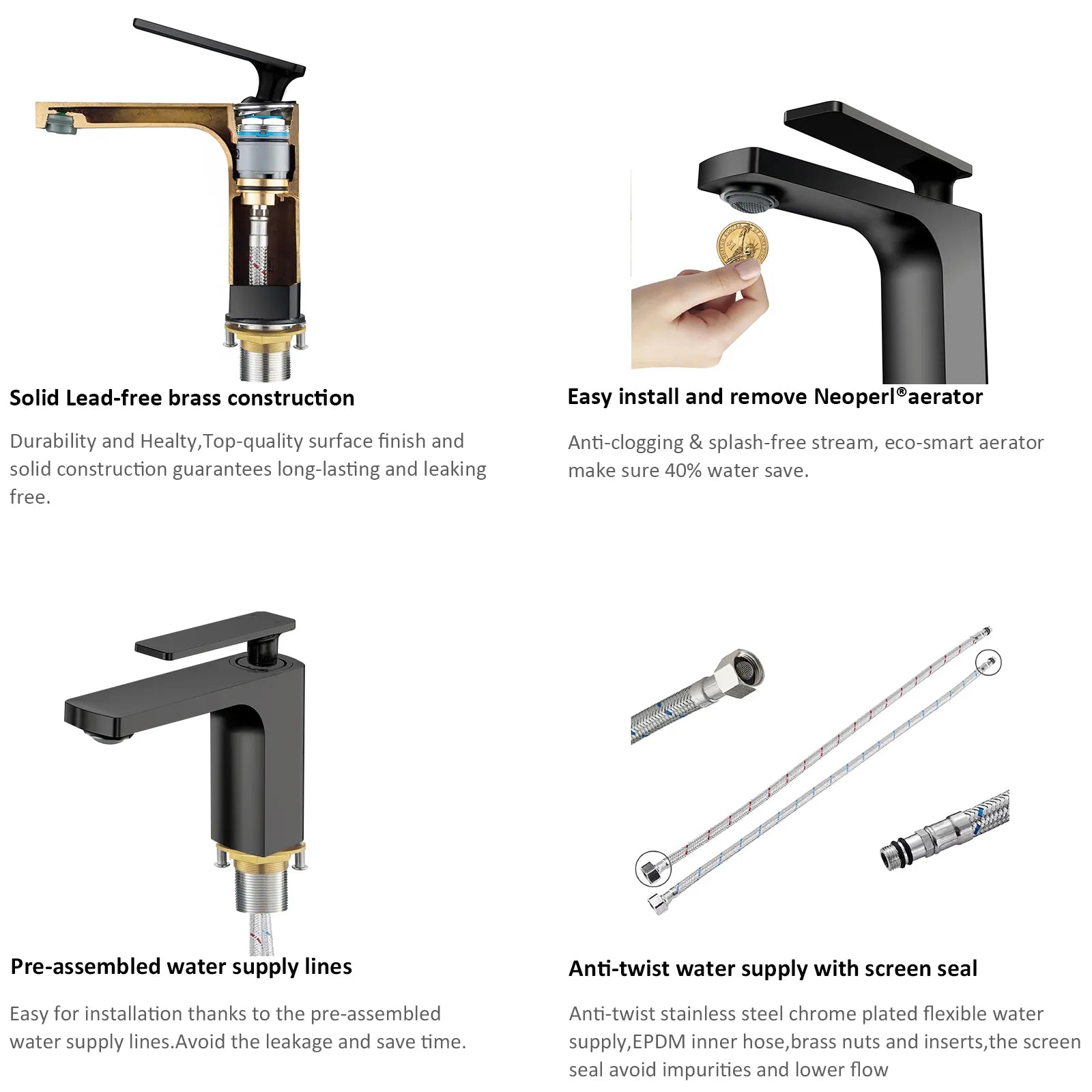 Rihine Bathroom Vanity Basin Faucet – Solid Brass, 1.8 GPM, 35mm Ceramic Cartridge-AB000001