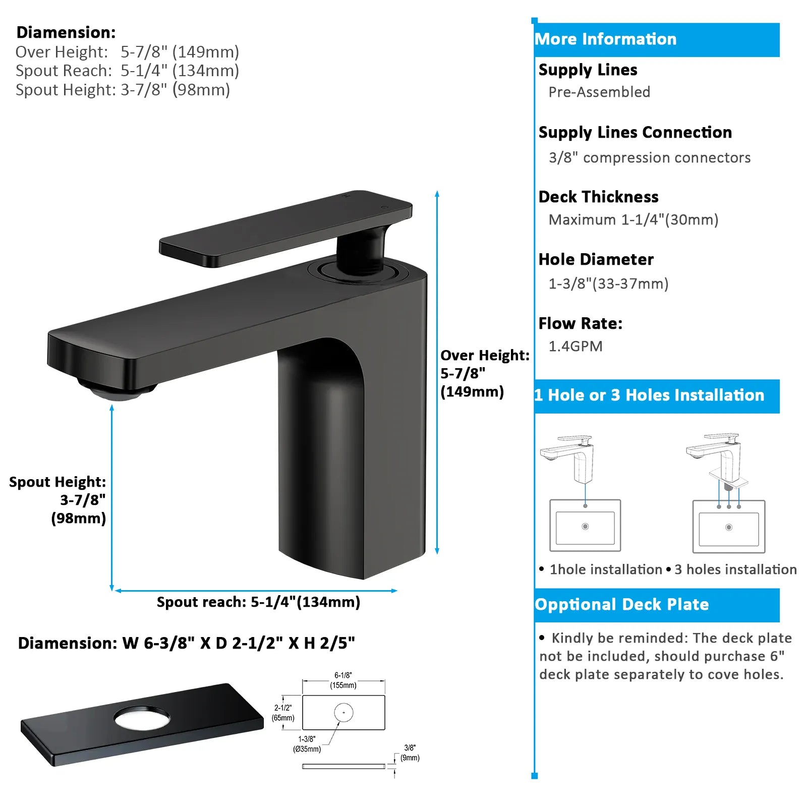 Rihine Bathroom Vanity Basin Faucet – Solid Brass, 1.8 GPM, 35mm Ceramic Cartridge-AB000001