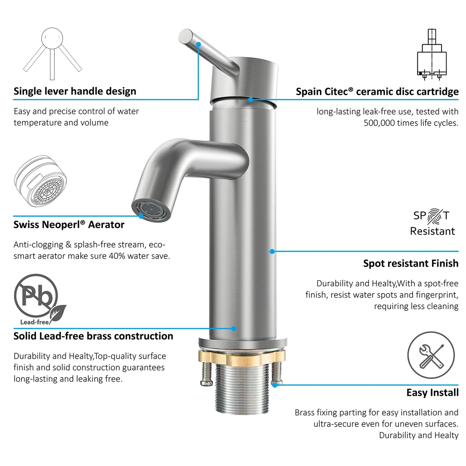 Circular Bathroom Basin Faucet – Solid Brass Single Lever Mixer AB000004