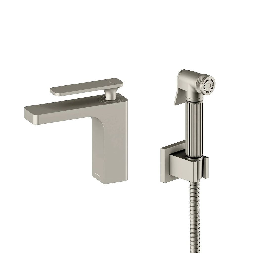 Solid Brass Rihine Basin Faucet with bidet spray and brass holder--AB000001+HBS0003 Brushed Nickel