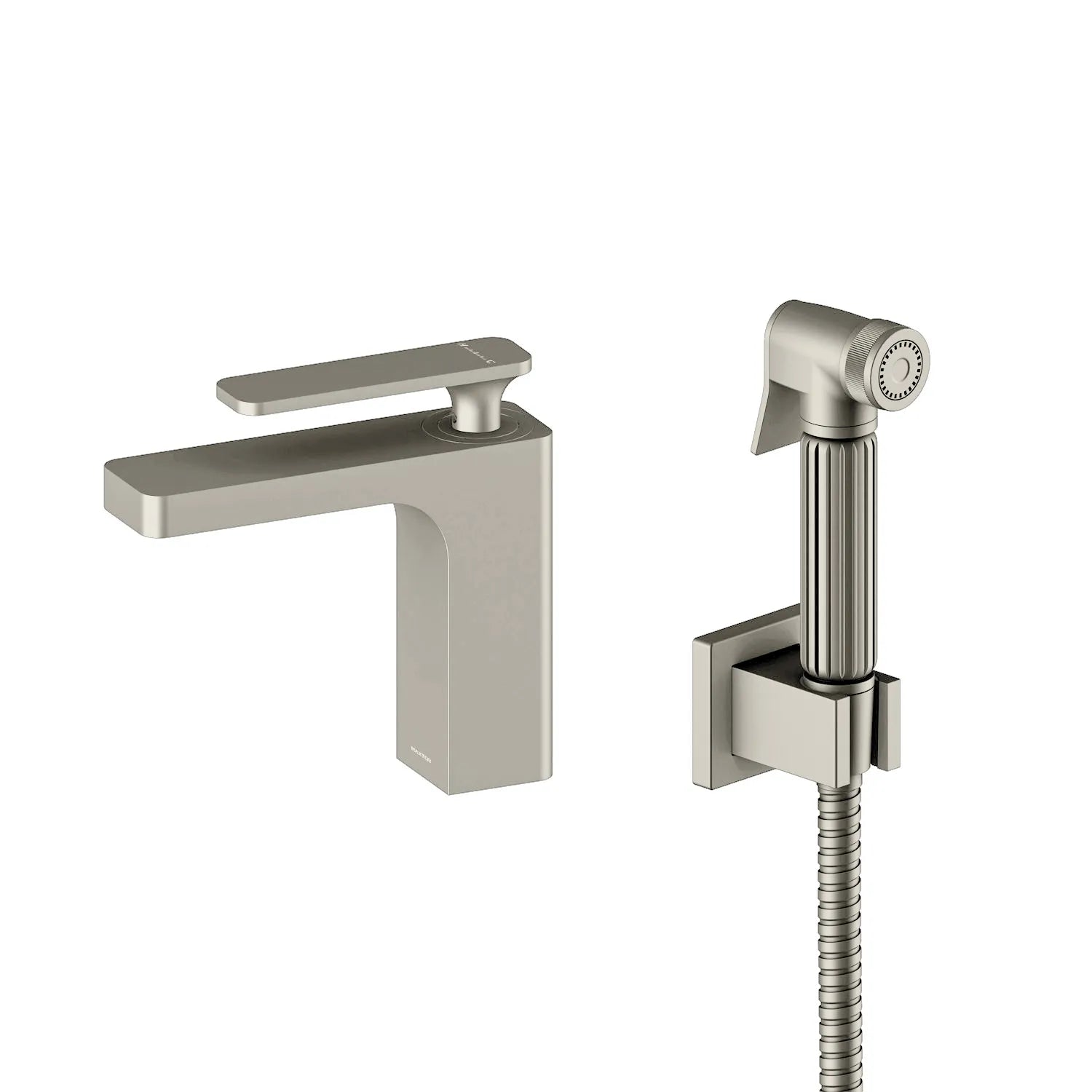 Solid Brass Rihine Basin Faucet with bidet spray and brass holder--AB000001+HBS0003 Brushed Nickel