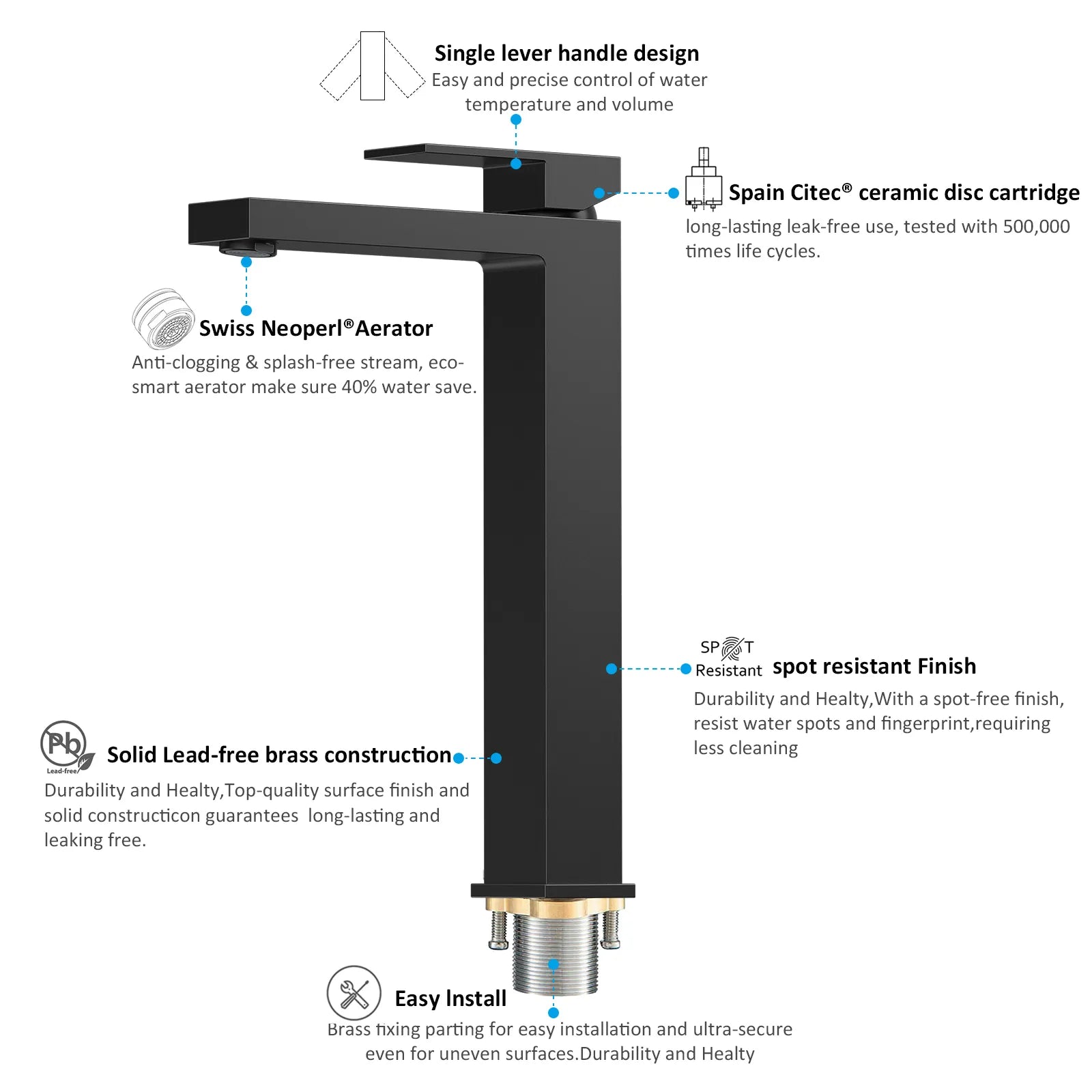 Modern Tall Basin Faucet – Solid Brass, Neoperl® Aerator, Citec® Cartridge AB001000