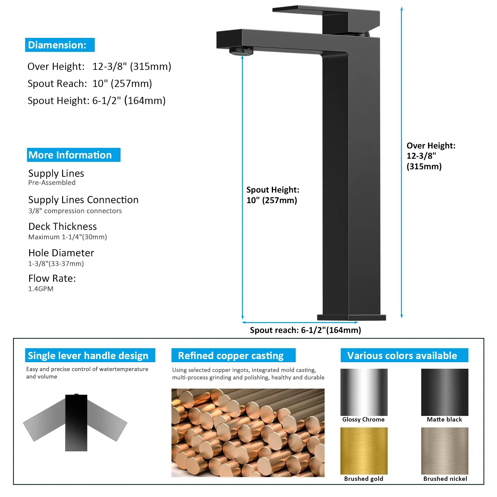 Modern Tall Basin Faucet – Solid Brass, Neoperl® Aerator, Citec® Cartridge AB001000