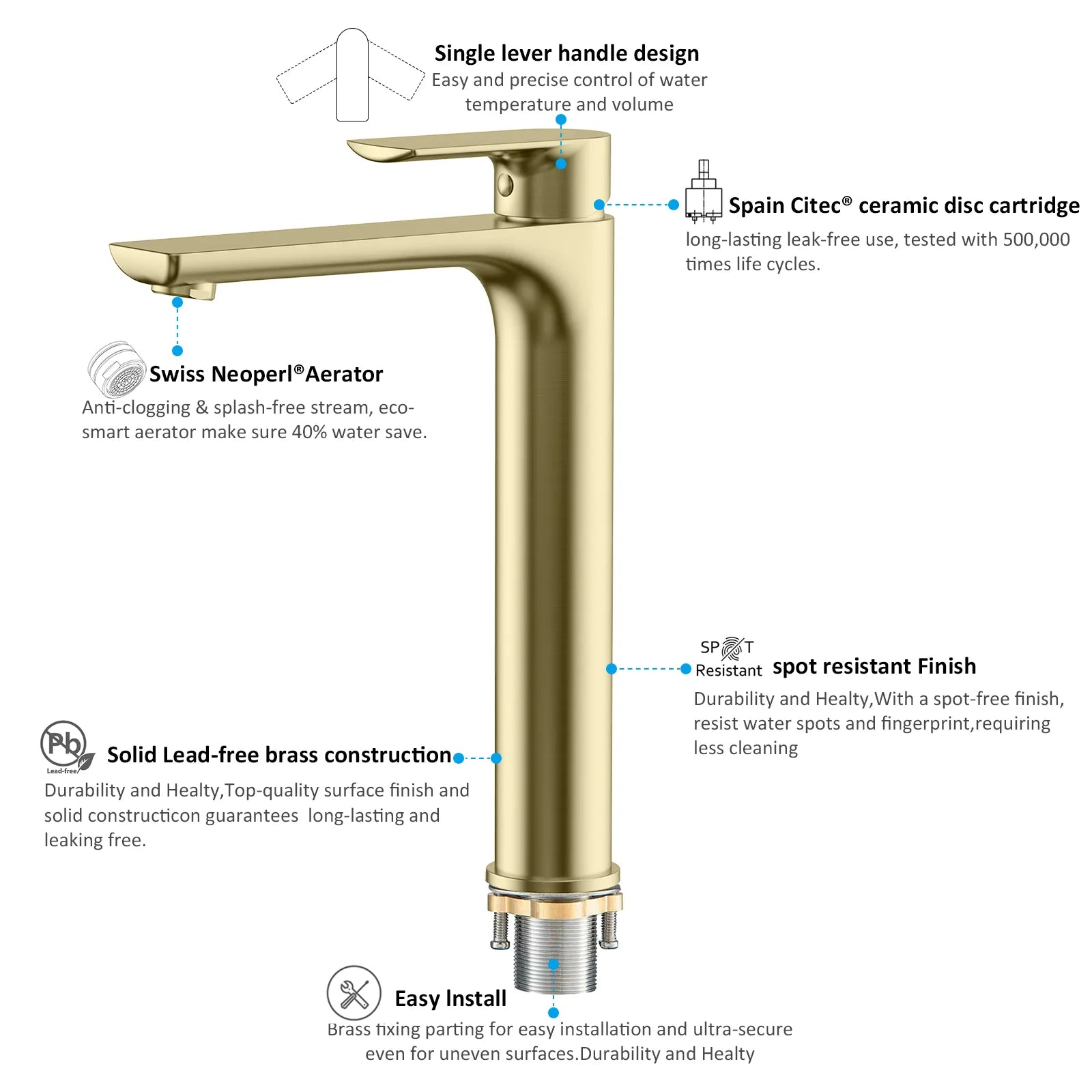 Nile Single Level Tall Brass Basin Faucet - Bathroom Vessel Faucet AB001003