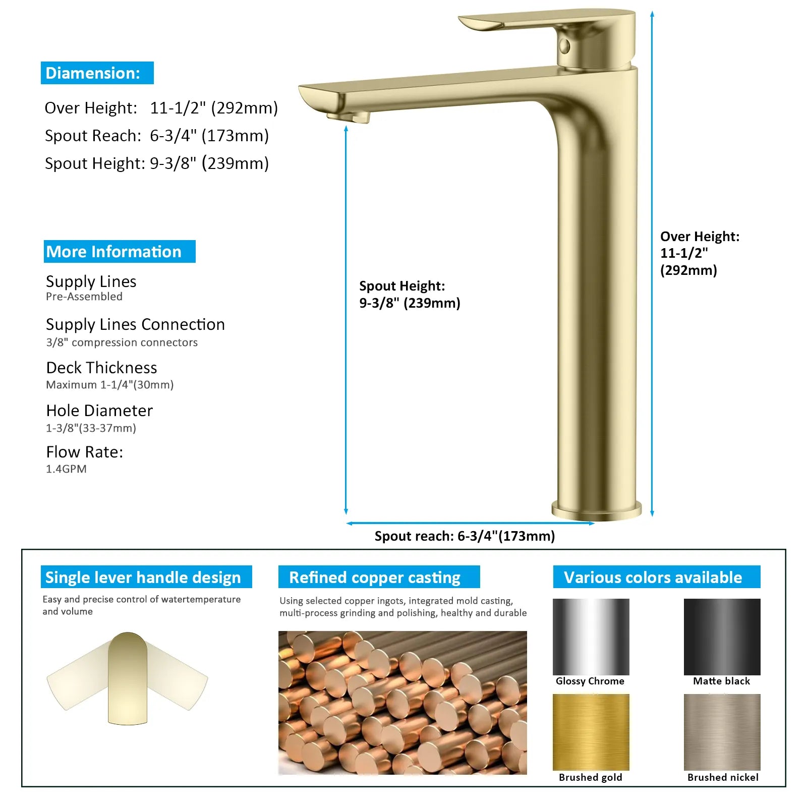Nile Single Level Tall Brass Basin Faucet - Bathroom Vessel Faucet AB001003