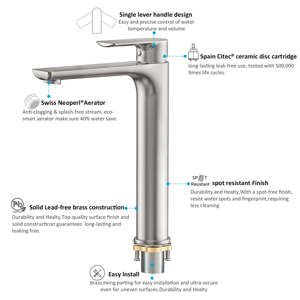 Nile Single Level Tall Brass Basin Faucet - Bathroom Vessel Faucet AB001003