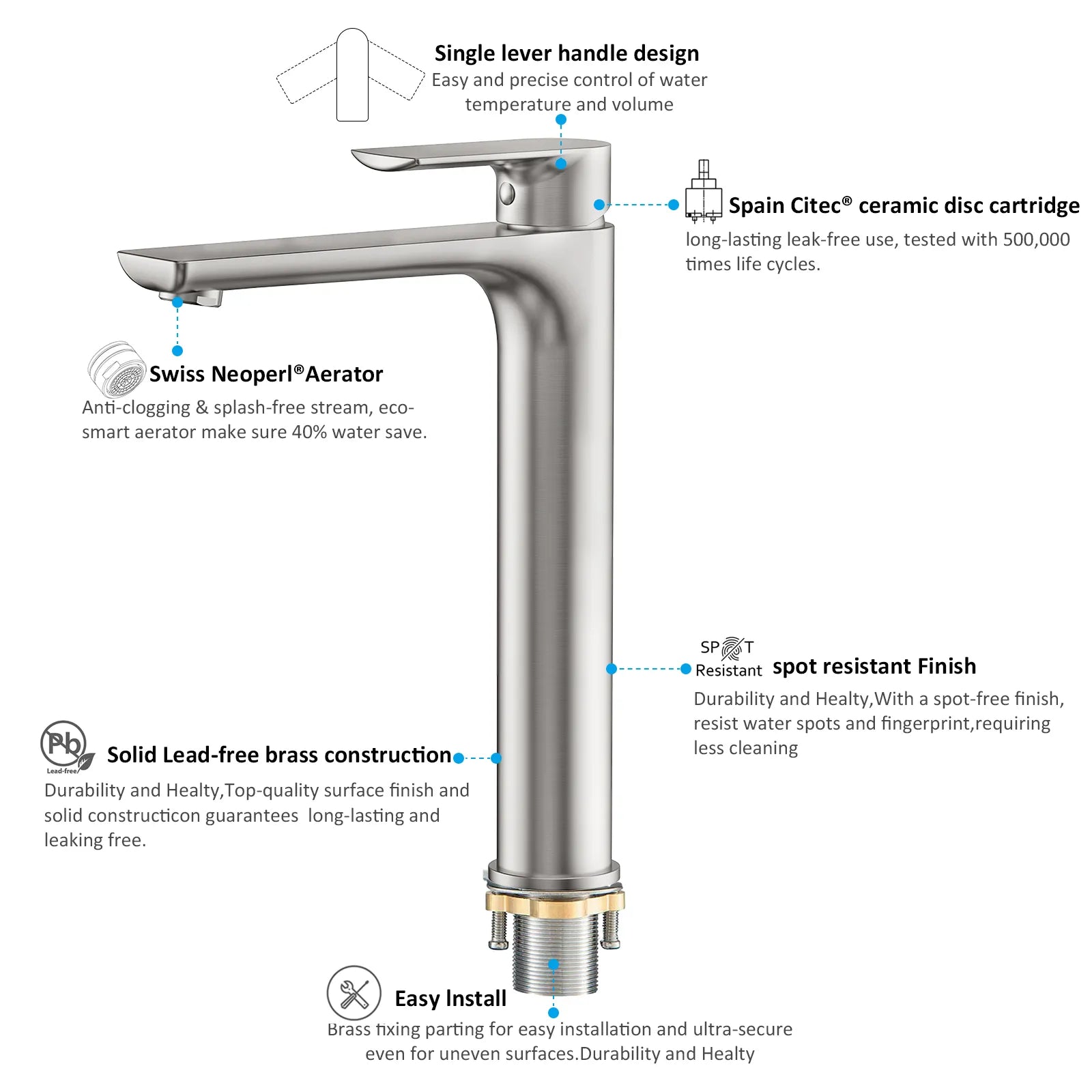 Nile Single Level Tall Brass Basin Faucet - Bathroom Vessel Faucet AB001003