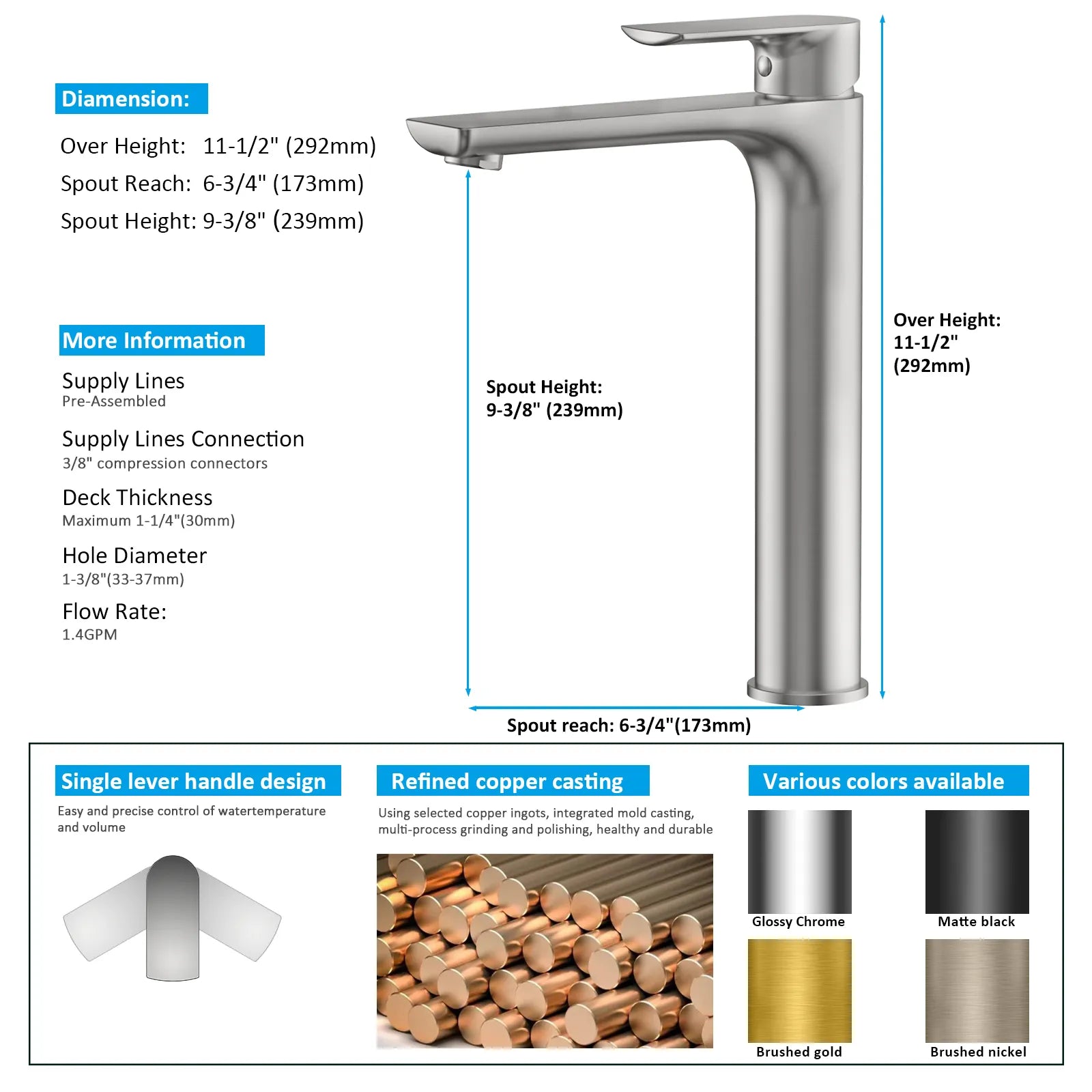 Nile Single Level Tall Brass Basin Faucet - Bathroom Vessel Faucet AB001003