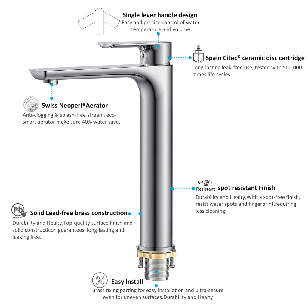 Nile Single Level Tall Brass Basin Faucet - Bathroom Vessel Faucet AB001003