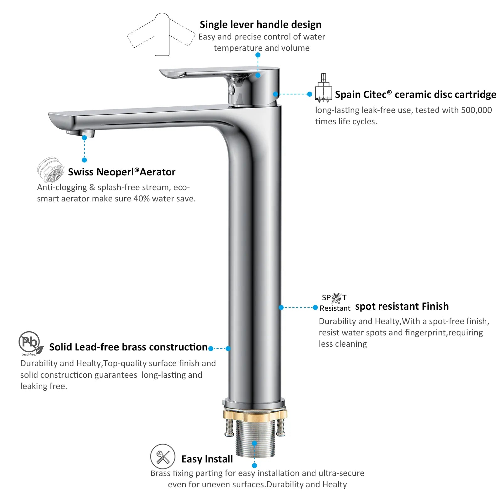 Nile Single Level Tall Brass Basin Faucet - Bathroom Vessel Faucet AB001003