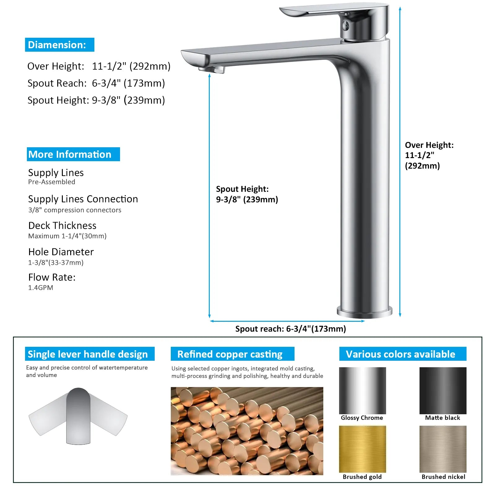 Nile Single Level Tall Brass Basin Faucet - Bathroom Vessel Faucet AB001003