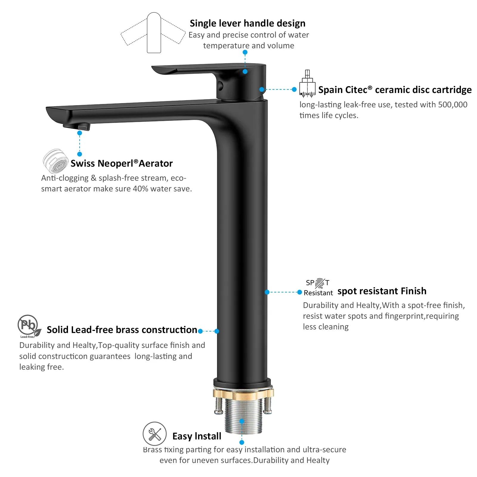 Nile Single Level Tall Brass Basin Faucet - Bathroom Vessel Faucet AB001003