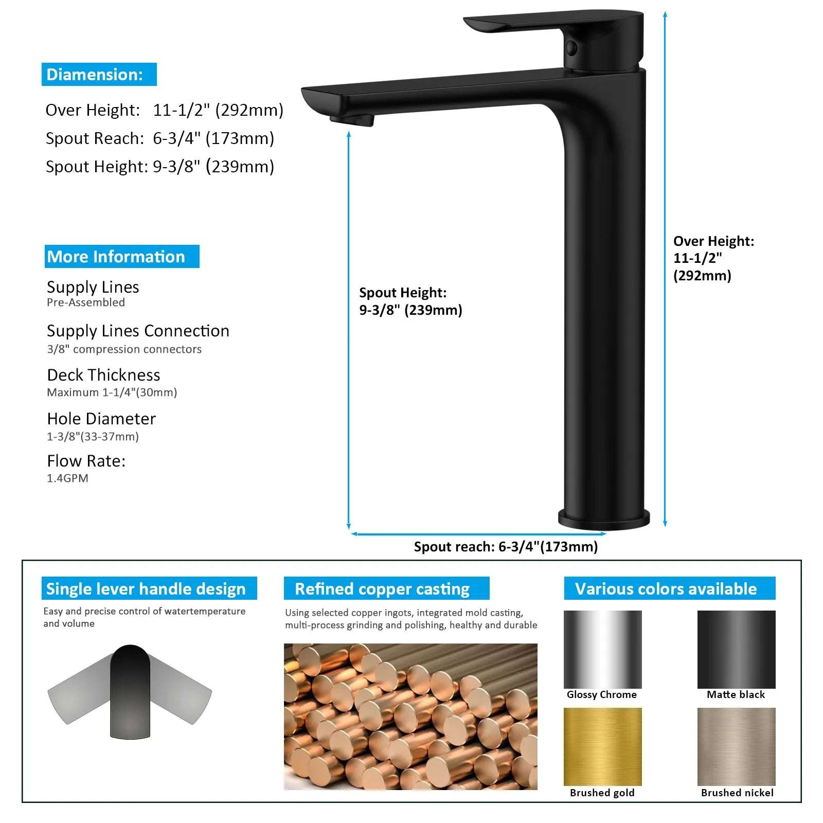 Nile Single Level Tall Brass Basin Faucet - Bathroom Vessel Faucet AB001003