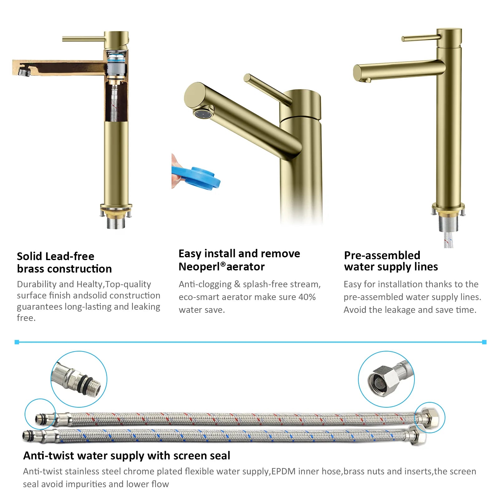 Tall Basin Faucet - Solid Brass Vanity Mixer with Spain ClTEC Cartridge -AB001005