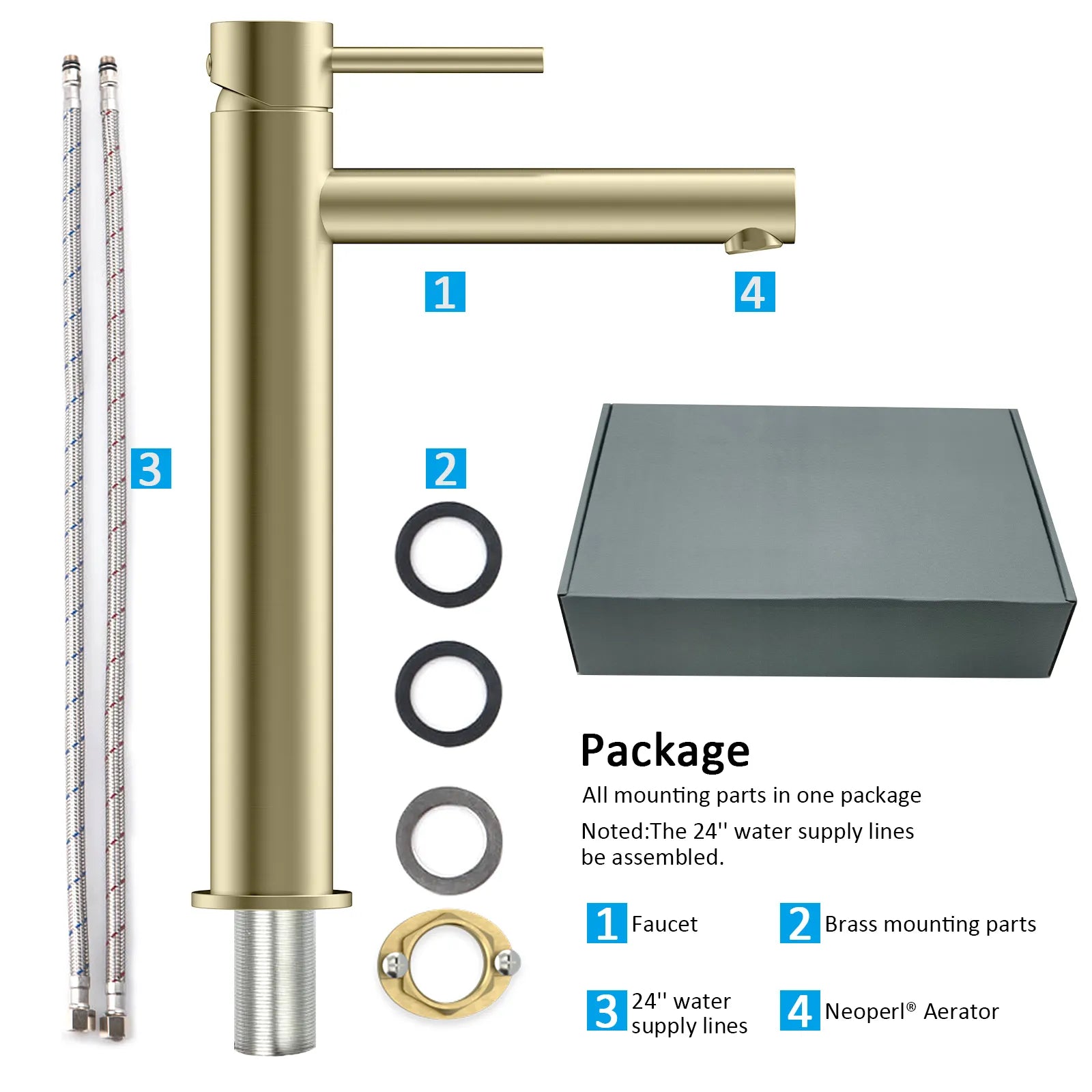 Tall Basin Faucet - Solid Brass Vanity Mixer with Spain ClTEC Cartridge -AB001005