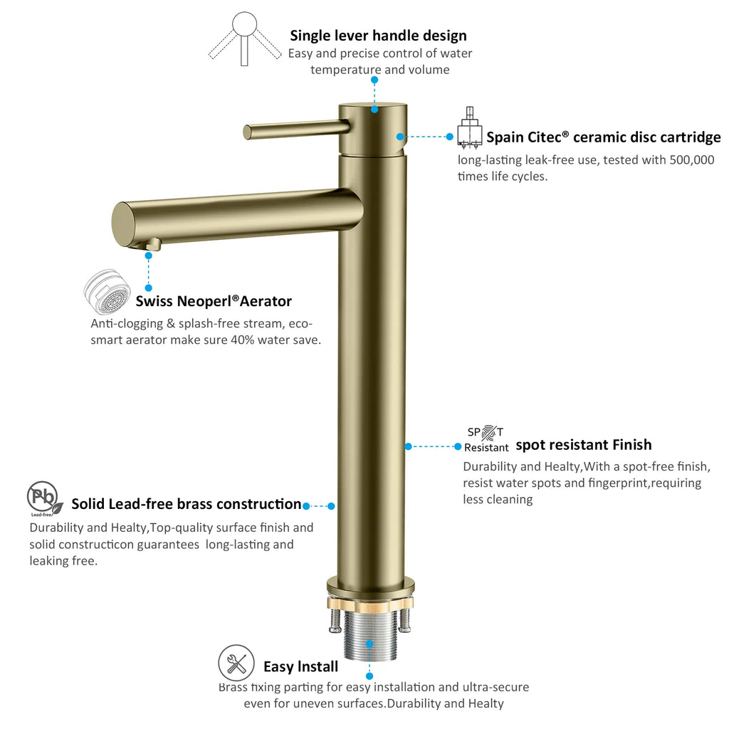 Tall Basin Faucet - Solid Brass Vanity Mixer with Spain ClTEC Cartridge -AB001005