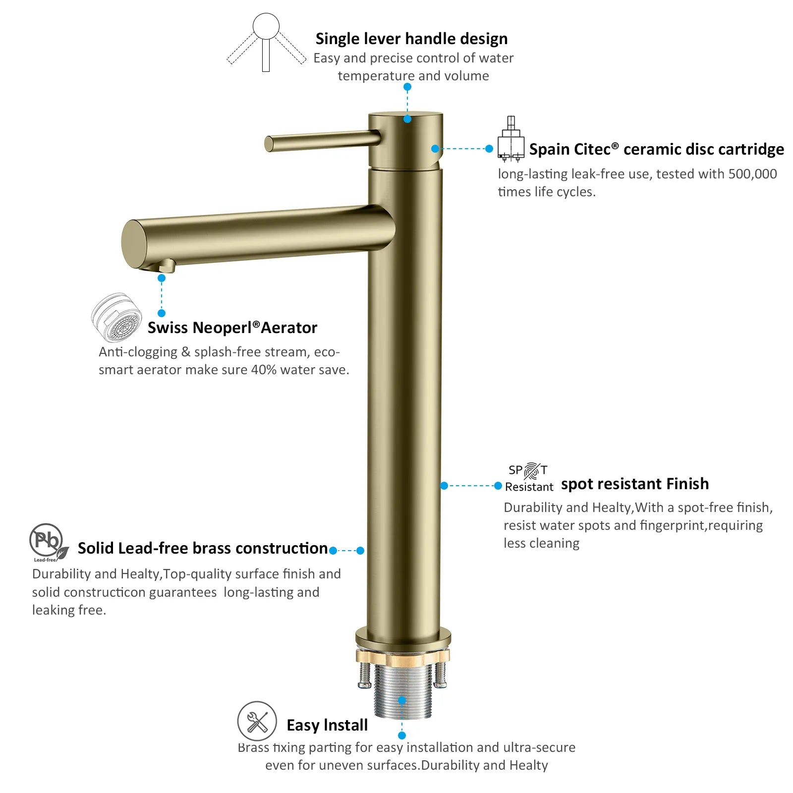 Tall Basin Faucet - Solid Brass Vanity Mixer with Spain ClTEC Cartridge -AB001005