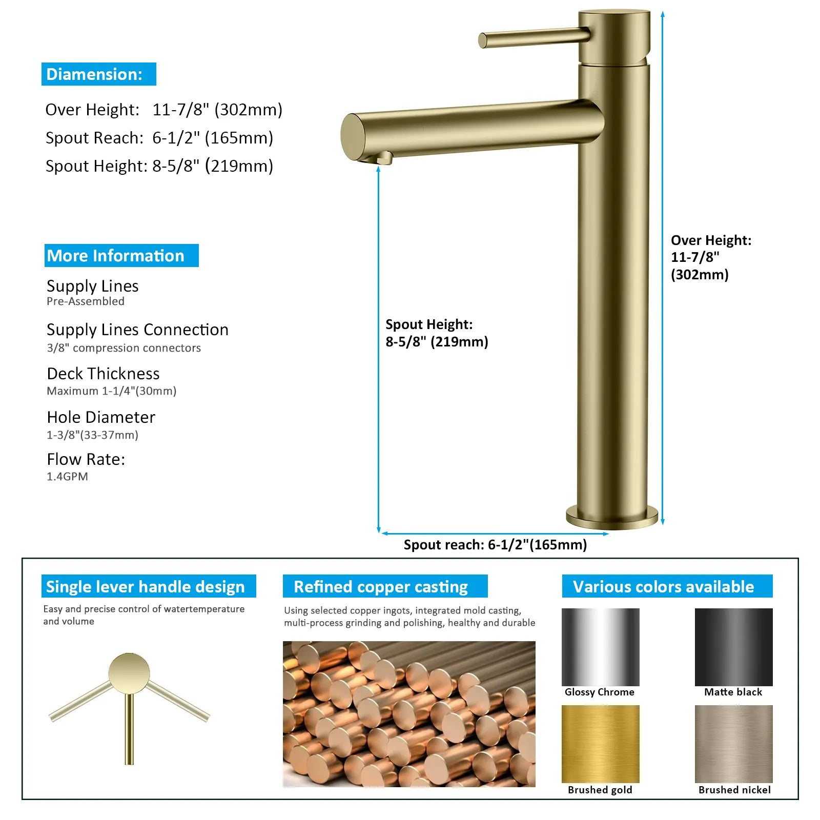 Tall Basin Faucet - Solid Brass Vanity Mixer with Spain ClTEC Cartridge -AB001005