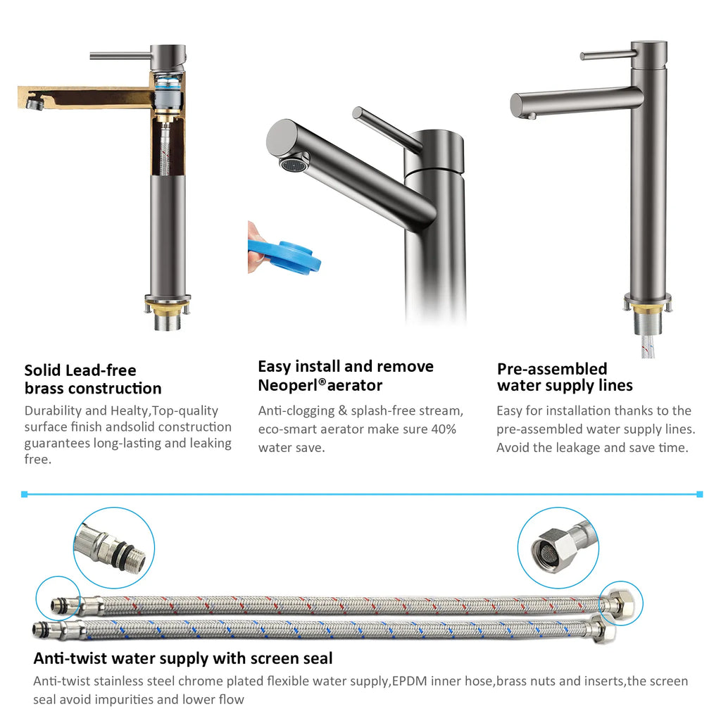 Tall Basin Faucet - Solid Brass Vanity Mixer with Spain ClTEC Cartridge -AB001005