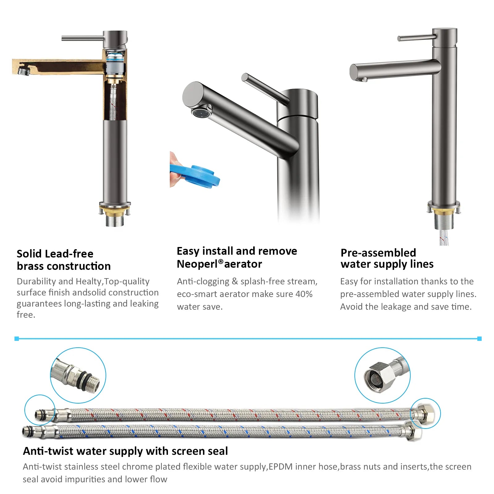 Tall Basin Faucet - Solid Brass Vanity Mixer with Spain ClTEC Cartridge -AB001005