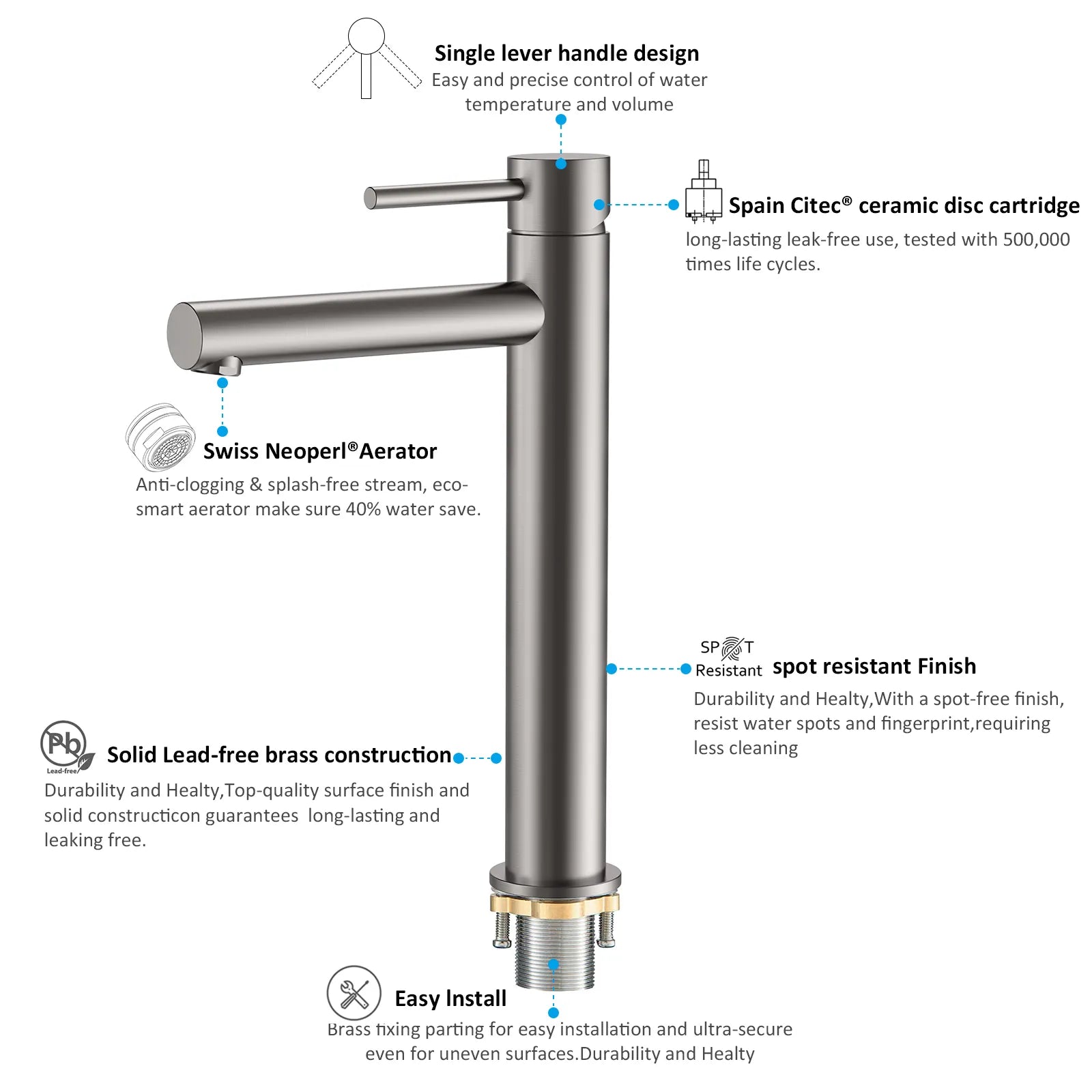 Tall Basin Faucet - Solid Brass Vanity Mixer with Spain ClTEC Cartridge -AB001005