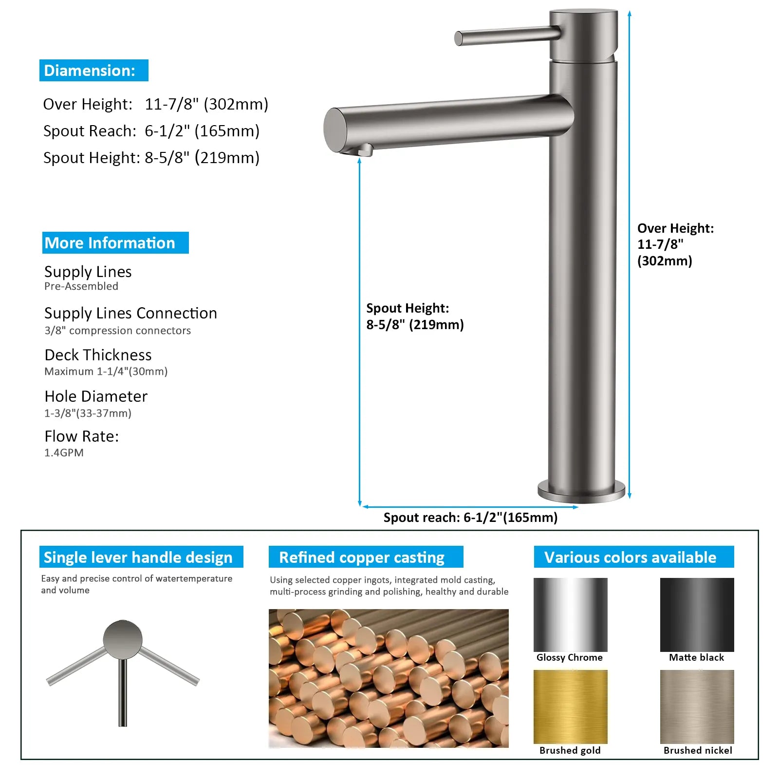 Tall Basin Faucet - Solid Brass Vanity Mixer with Spain ClTEC Cartridge -AB001005