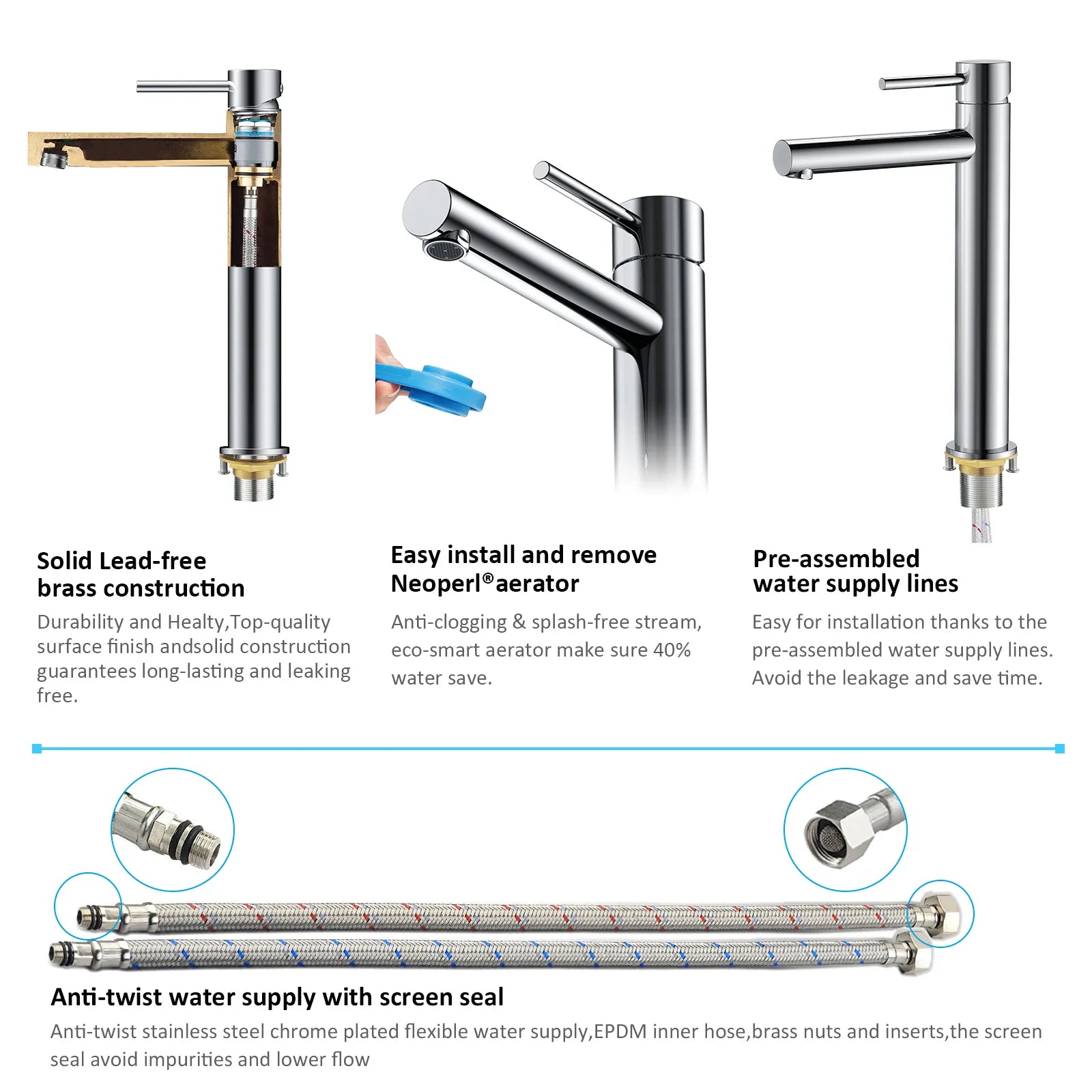 Tall Basin Faucet - Solid Brass Vanity Mixer with Spain ClTEC Cartridge -AB001005