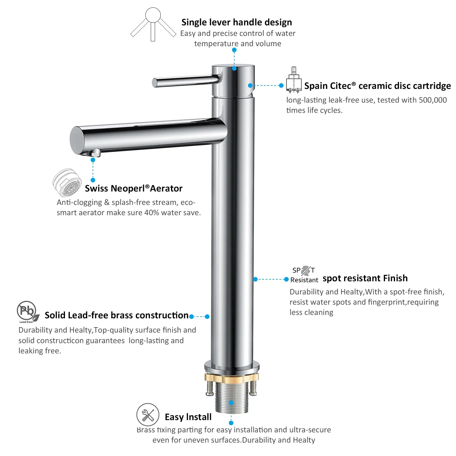 Tall Basin Faucet - Solid Brass Vanity Mixer with Spain ClTEC Cartridge -AB001005
