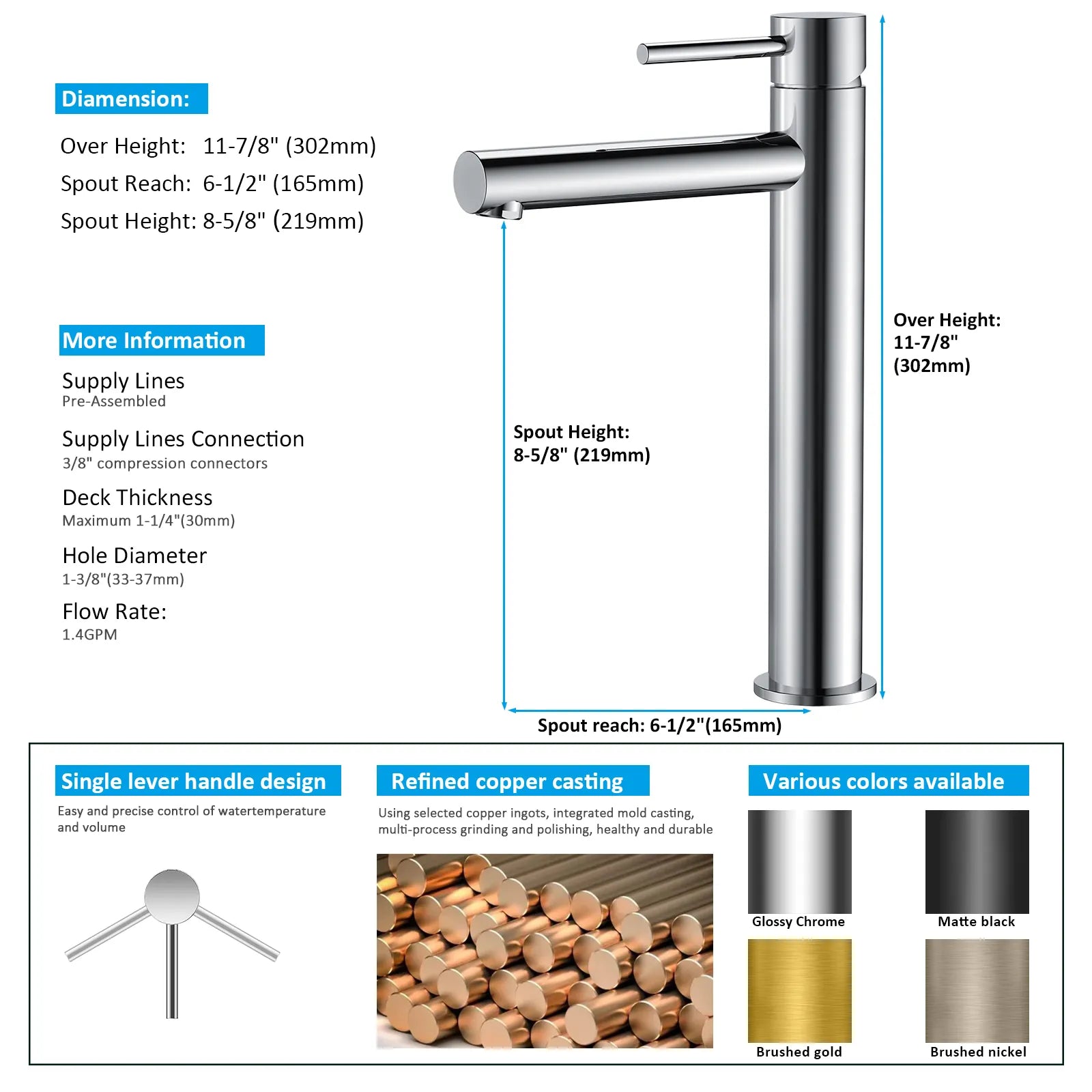 Tall Basin Faucet - Solid Brass Vanity Mixer with Spain ClTEC Cartridge -AB001005