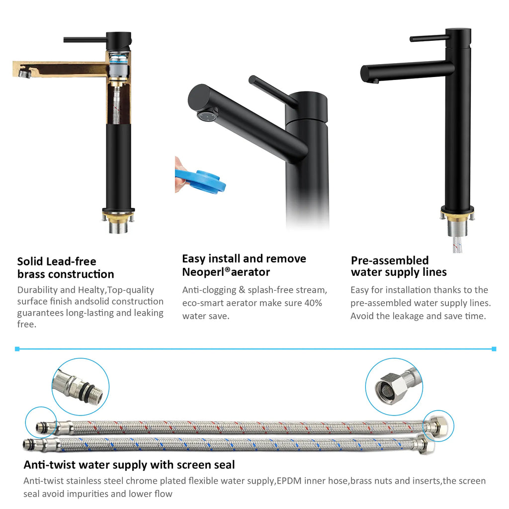 Tall Basin Faucet - Solid Brass Vanity Mixer with Spain ClTEC Cartridge -AB001005