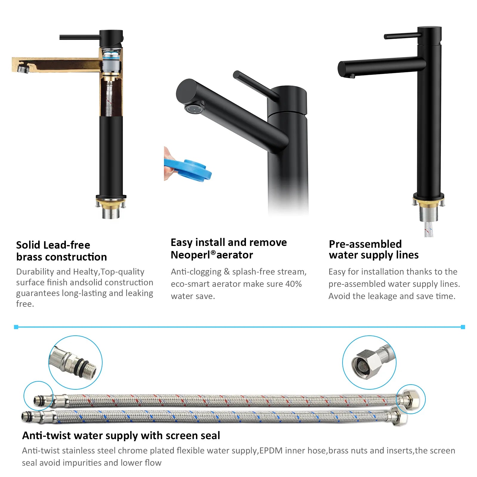 Tall Basin Faucet - Solid Brass Vanity Mixer with Spain ClTEC Cartridge -AB001005