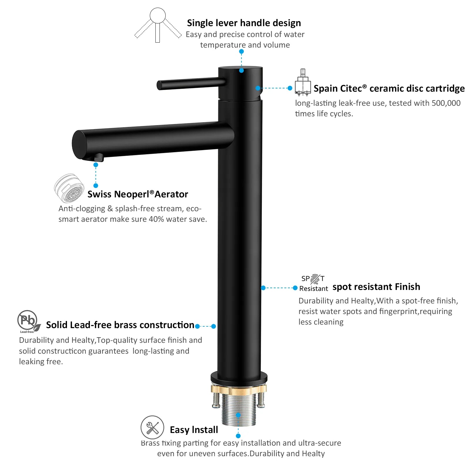 Tall Basin Faucet - Solid Brass Vanity Mixer with Spain ClTEC Cartridge -AB001005