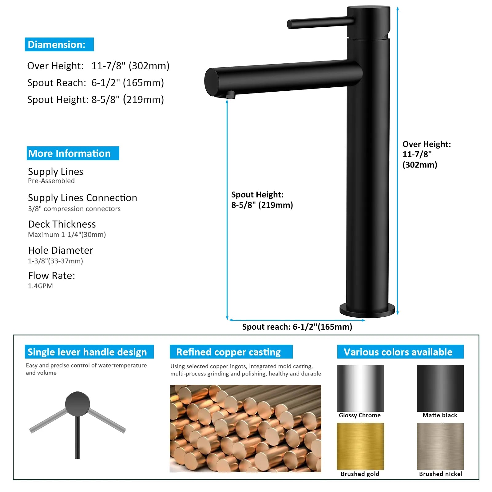Tall Basin Faucet - Solid Brass Vanity Mixer with Spain ClTEC Cartridge -AB001005