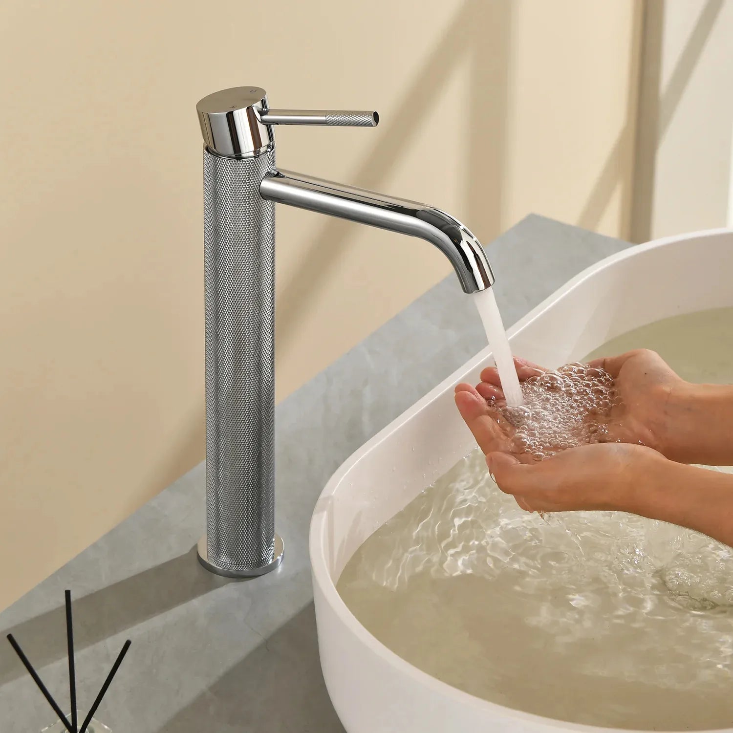 MAXTOR Tall Bathroom Vanity Basin Faucet – Knurled Single Hand Mixer Tap-AB001033