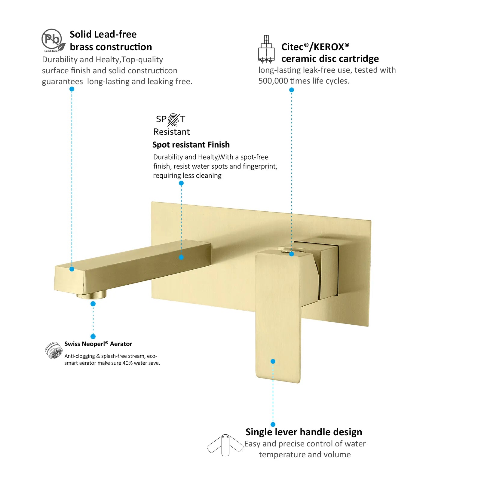 Maxtor Brushed Gold Wall-Mounted Basin Faucet – Square Design AB002000