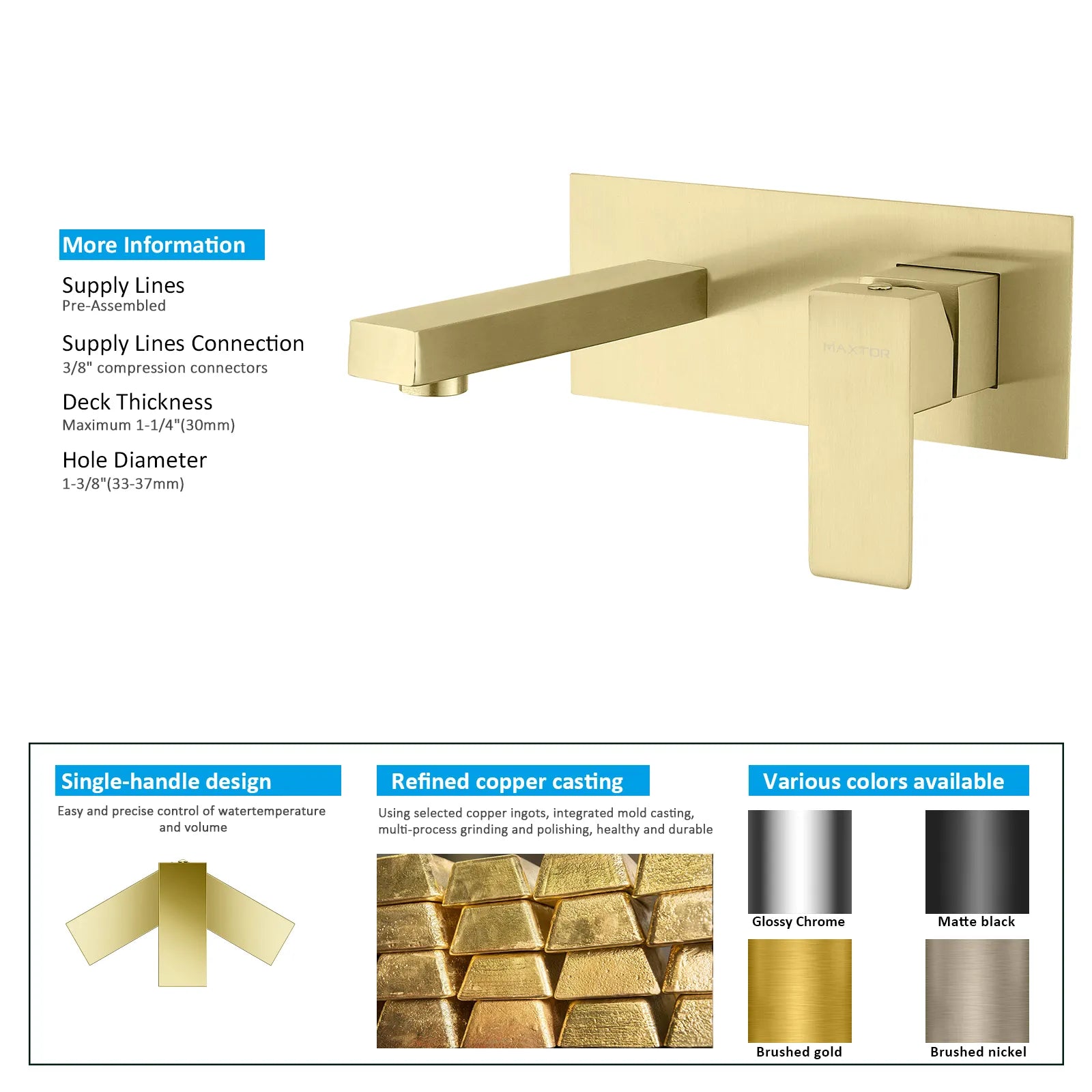 Maxtor Brushed Gold Wall-Mounted Basin Faucet – Square Design AB002000