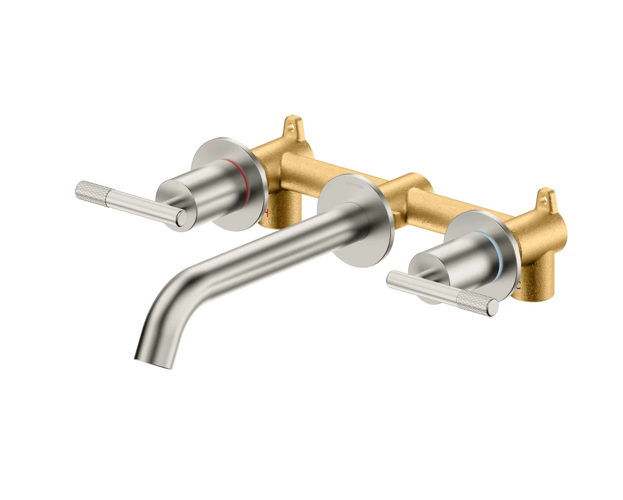 Circular Two Handles Wall-Mounted Basin Faucet with Brass Spout AB002504 Brushed Nickel