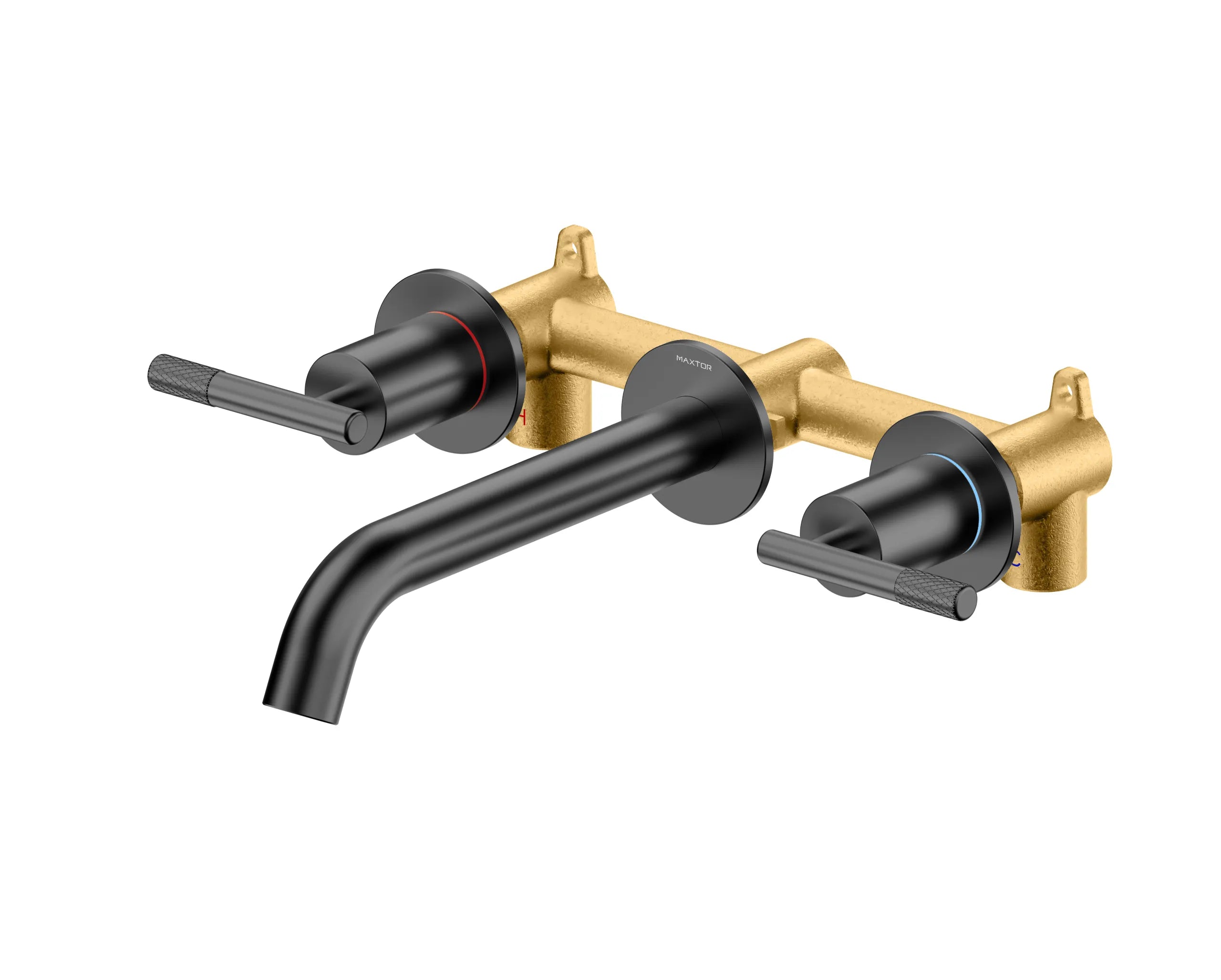 Circular Two Handles Wall-Mounted Basin Faucet with Brass Spout AB002504 Matte Black