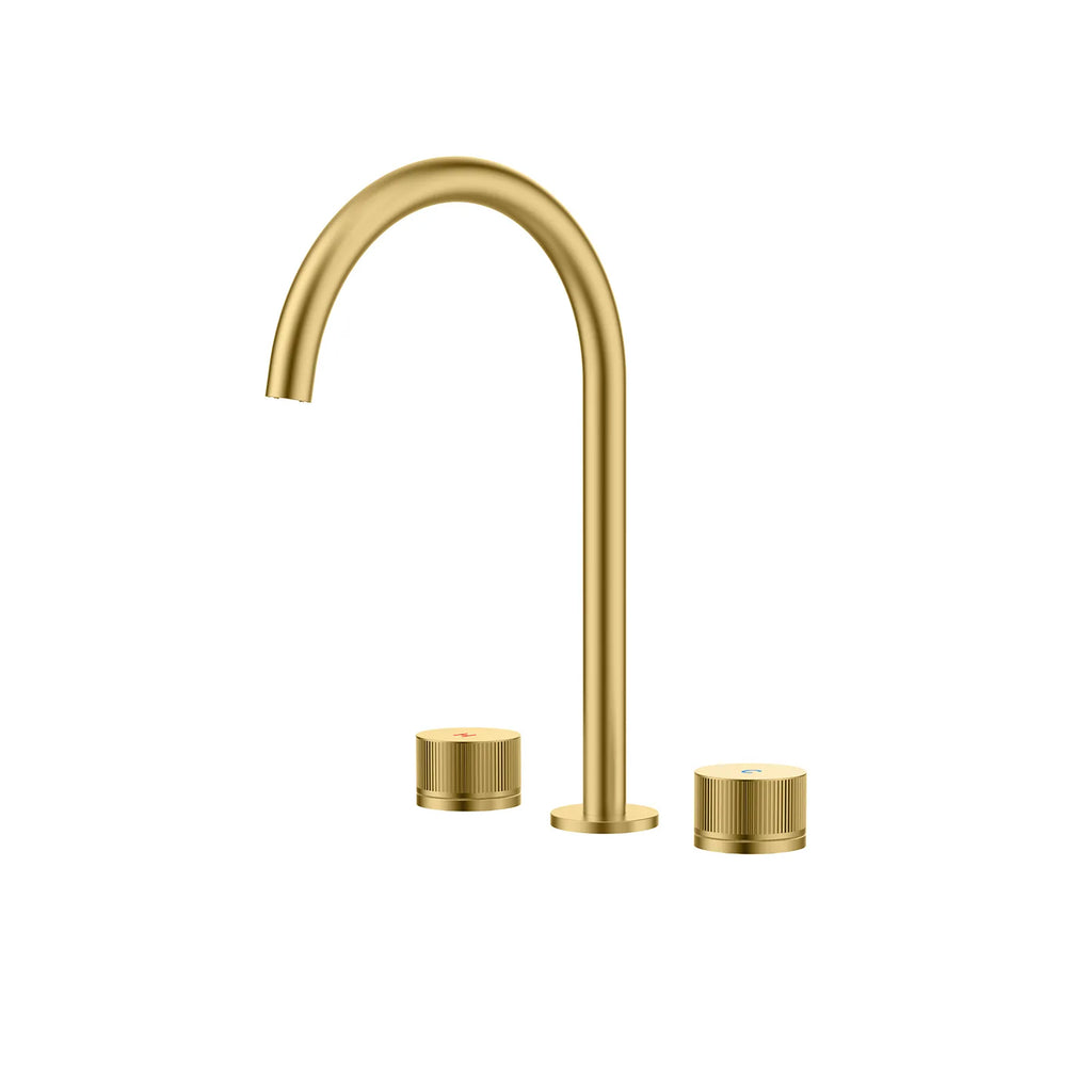 3-Hole Widespread Bathroom Basin Faucet – Dual Handle Gooseneck – AB005031 Brushed Gold