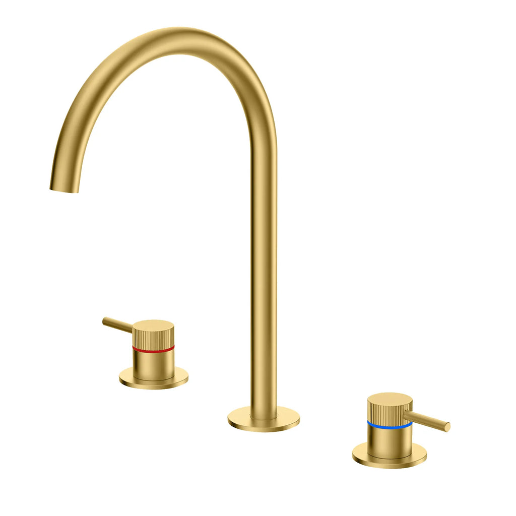 3-Hole Two Handle Widespread Bathroom Basin Faucet – Lever Handles Gooseneck – AB005231 Brushed Gold