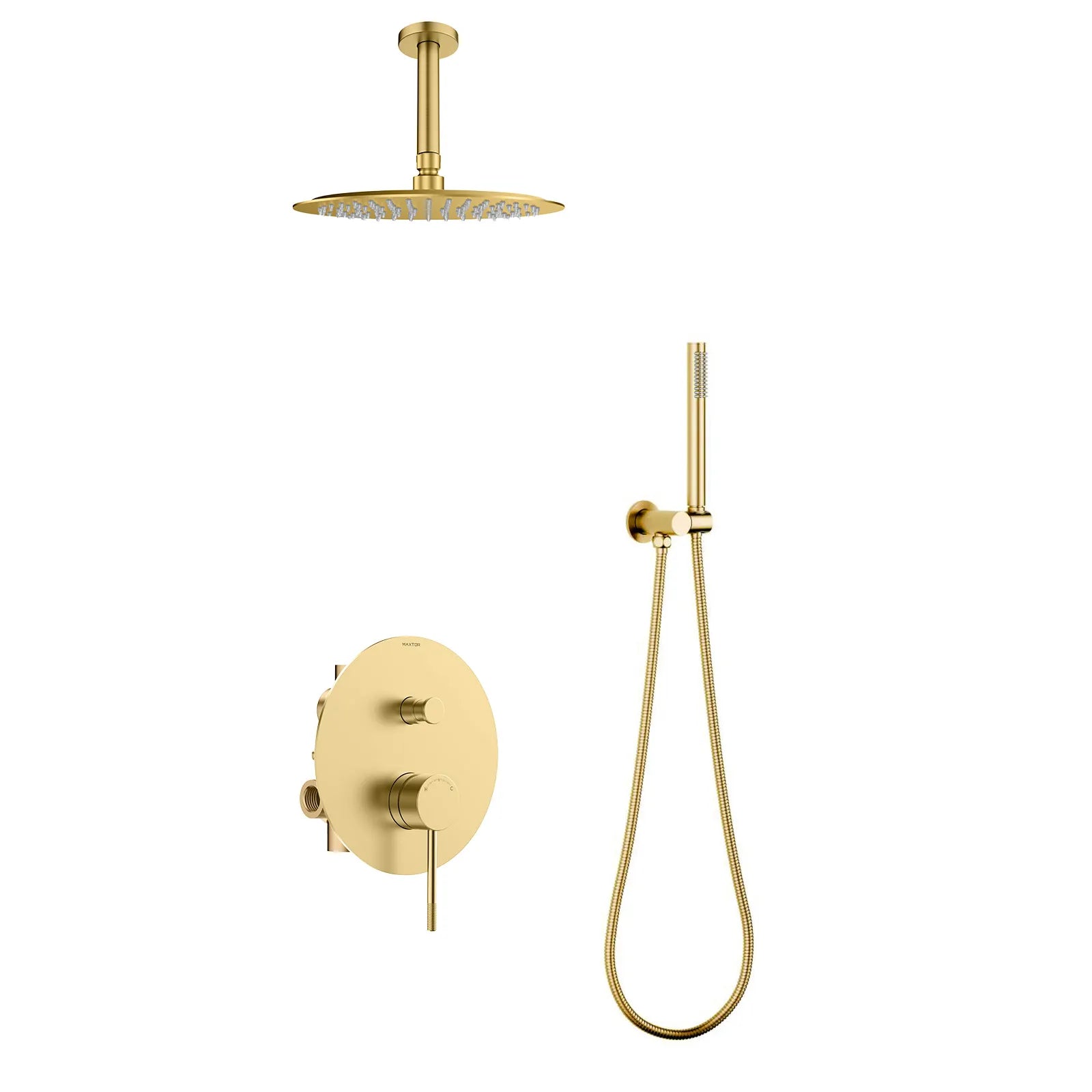 Circular 2-Way Wall Concealed Shower System with Overhead & Hand Shower Brushed Gold