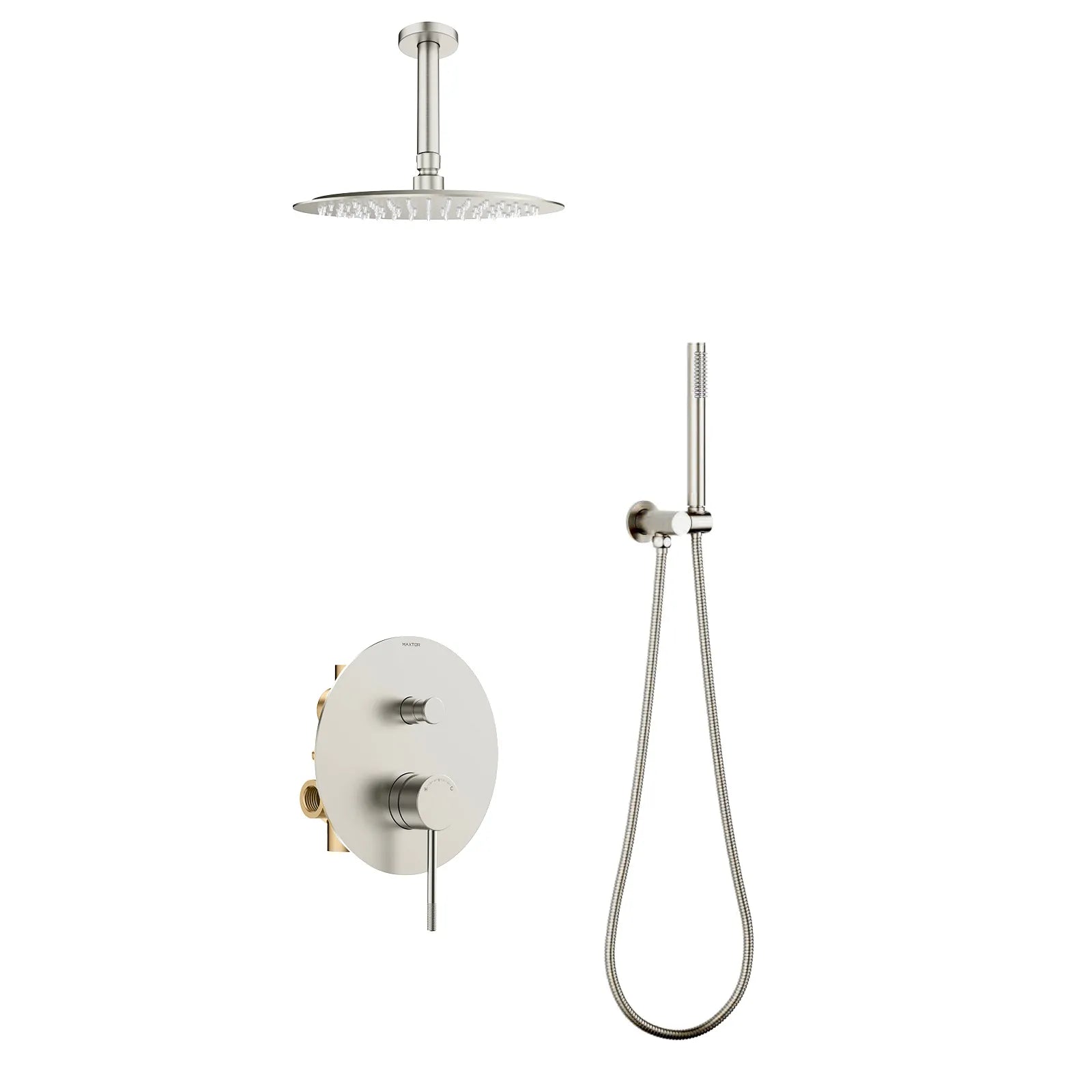 Circular 2-Way Wall Concealed Shower System with Overhead & Hand Shower Brushed Nickel