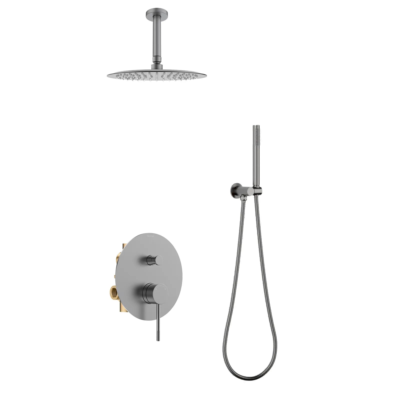 Circular 2-Way Wall Concealed Shower System with Overhead & Hand Shower Brushed Gun Metal